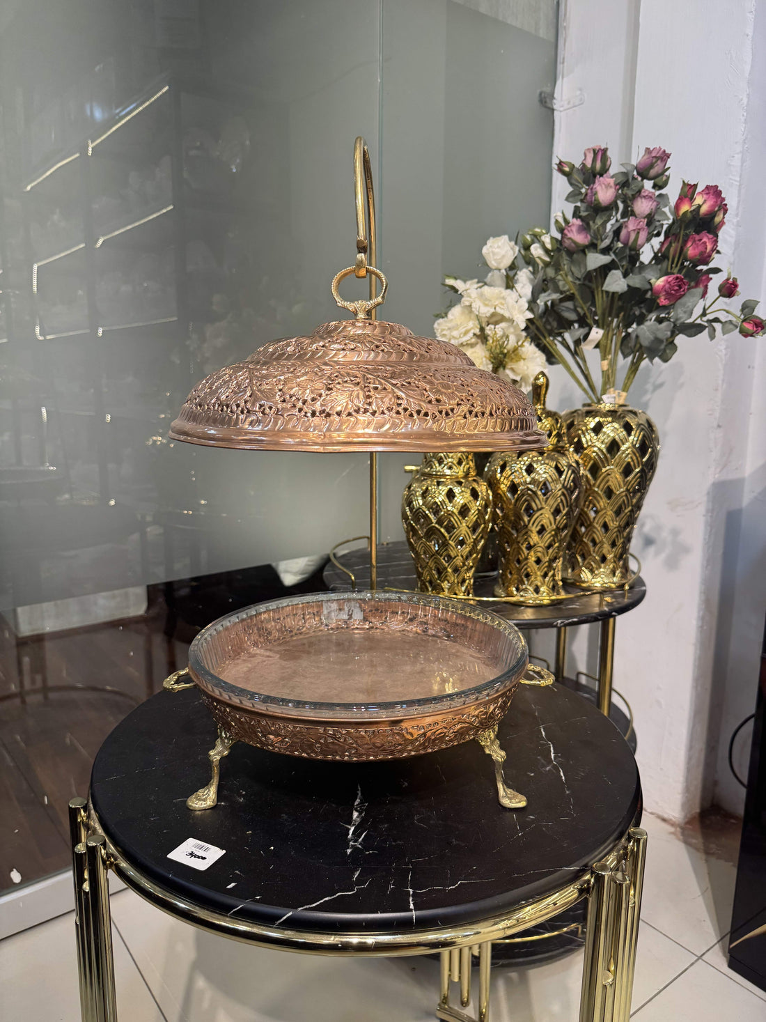 Copper Round Dish With Glass Inner Pot