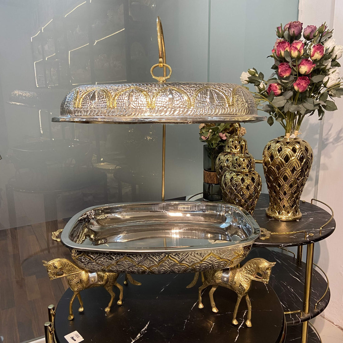 Brass Double Tone Chaffing Dish With Hermes