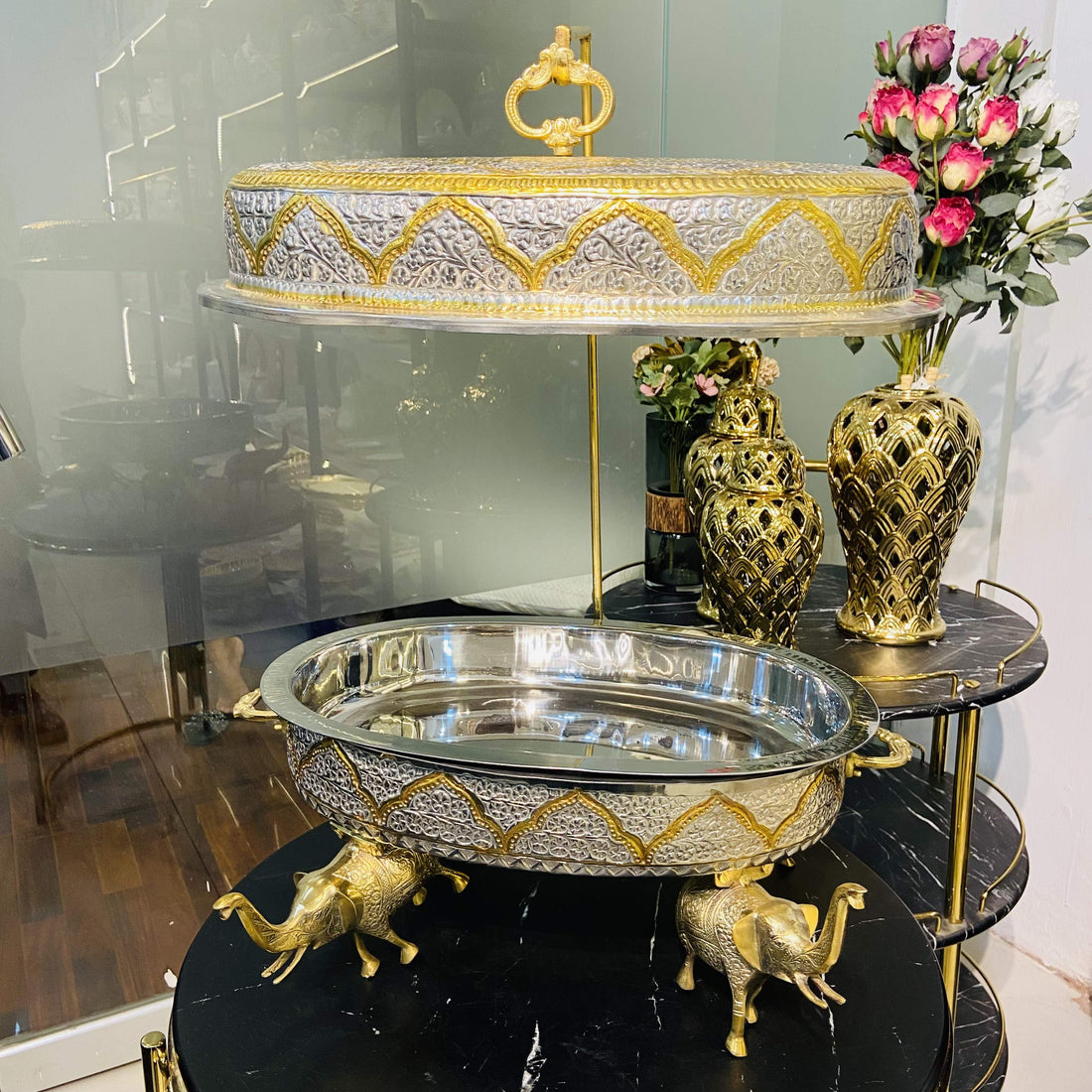 Brass Double Tone Chaffing Dish With Camel