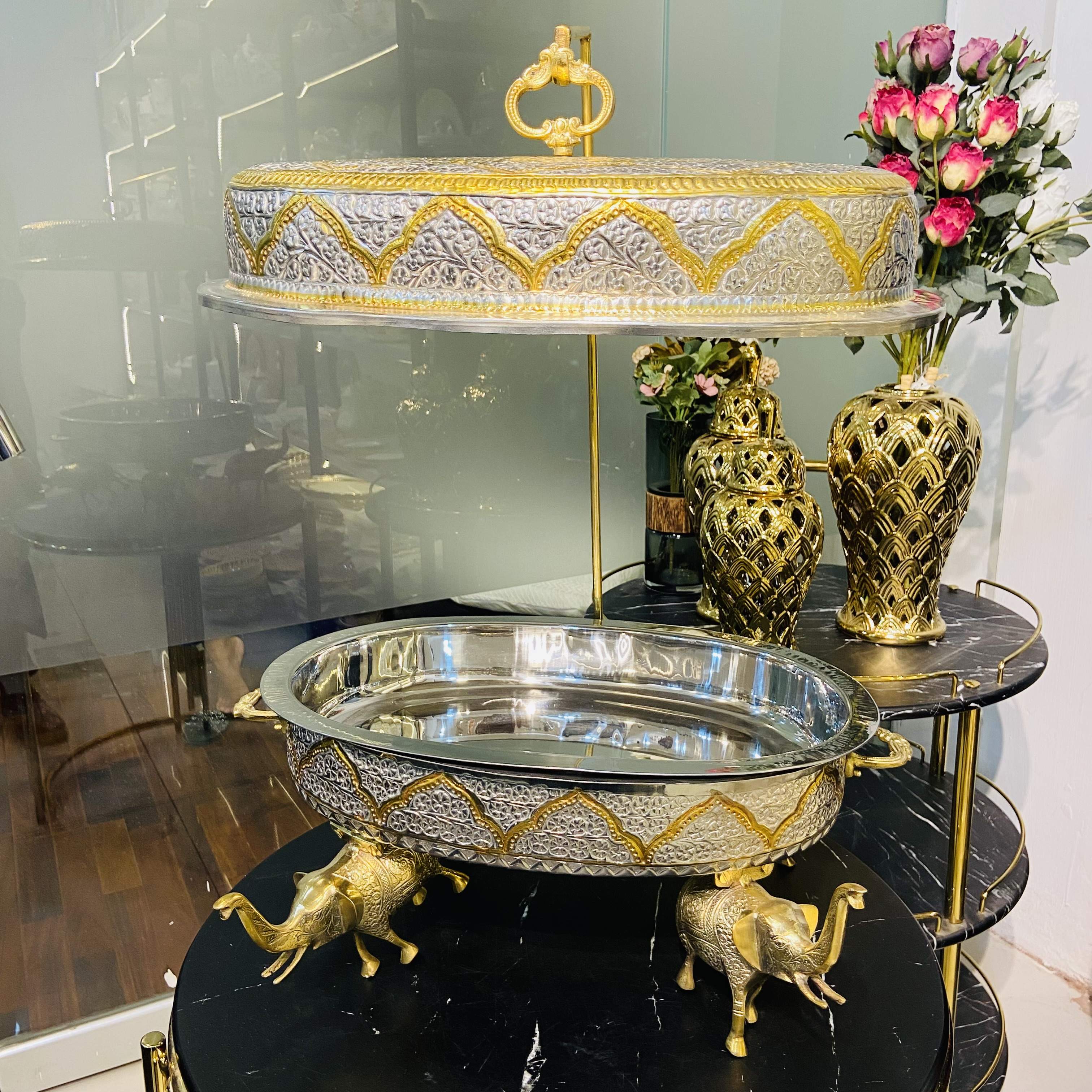 Brass Double Tone Chaffing Dish With Camel
