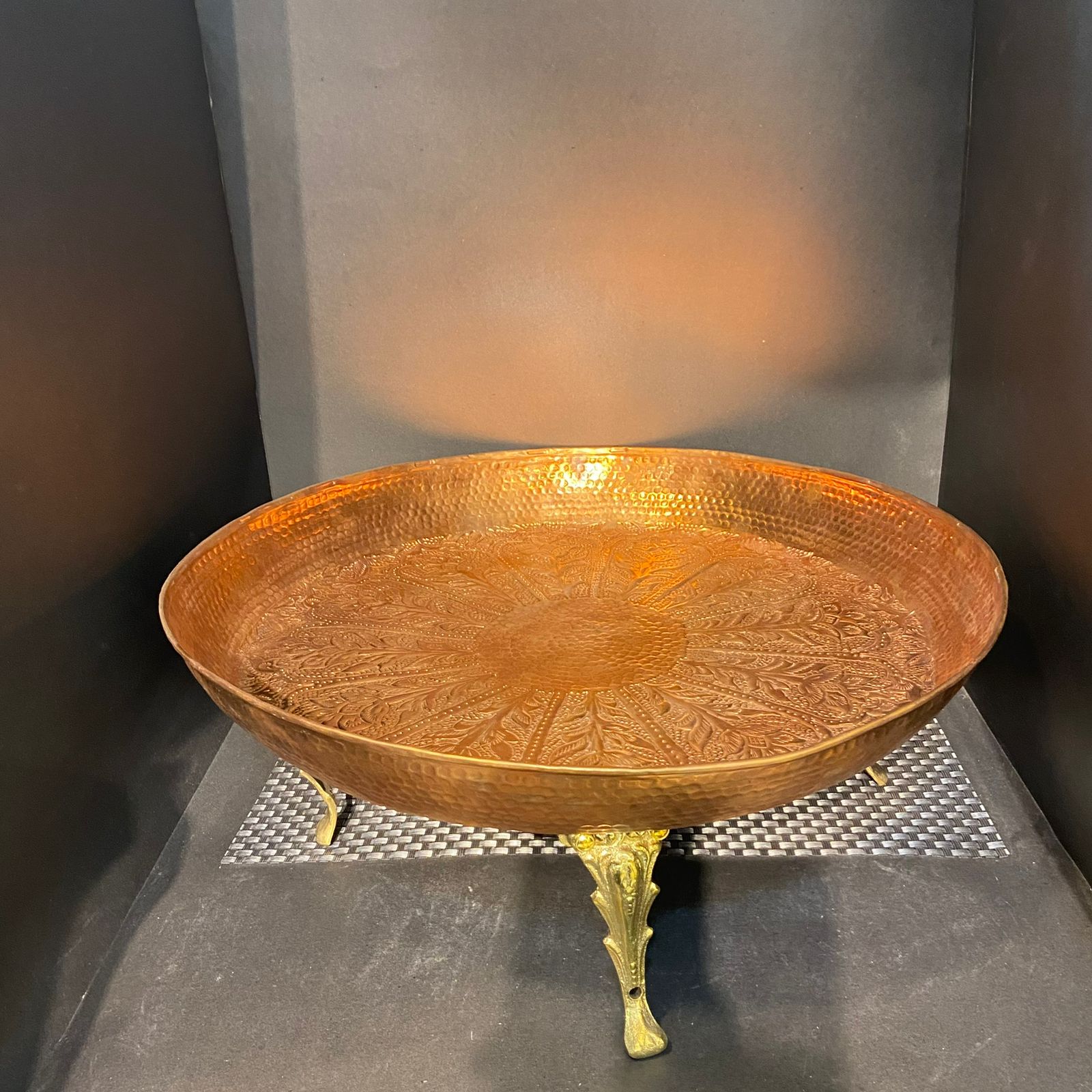 Copper Thaal With Gold Legs